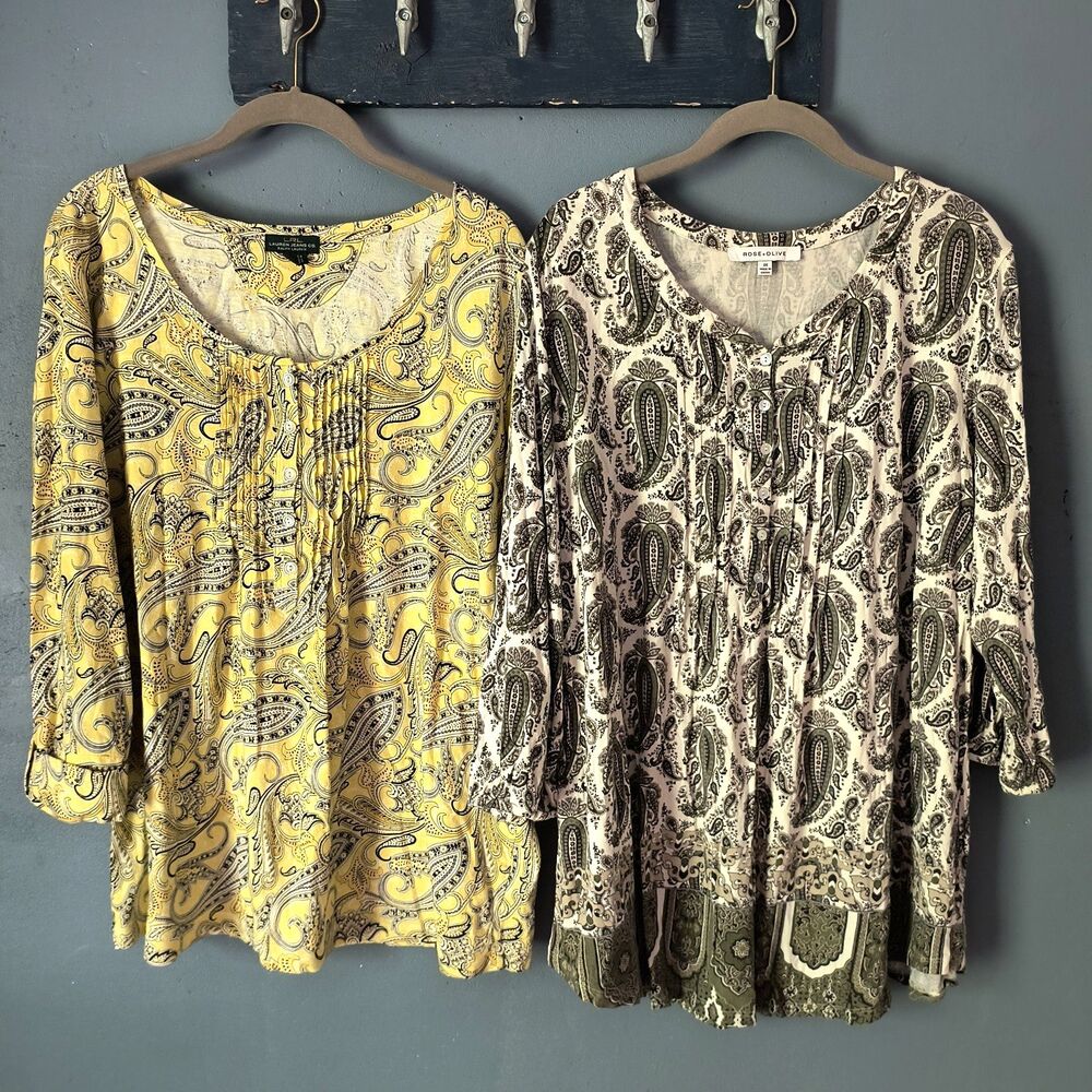 Lot of 2 Womens Paisley Tops 2X Ralph Lauren Rose & Olive Office Travel Preppy